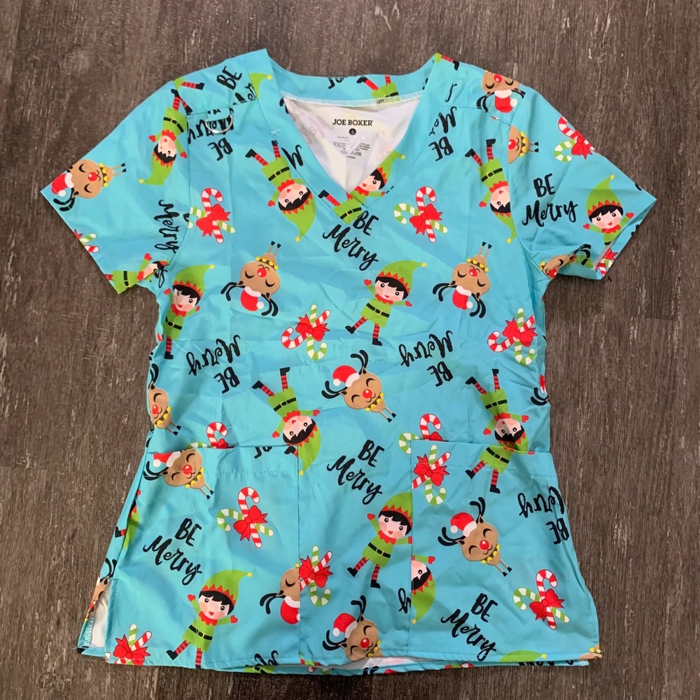 Joe Boxer Women's Blue Elf Reindeer Candy‎ Cane Christmas Scrub Top Size S